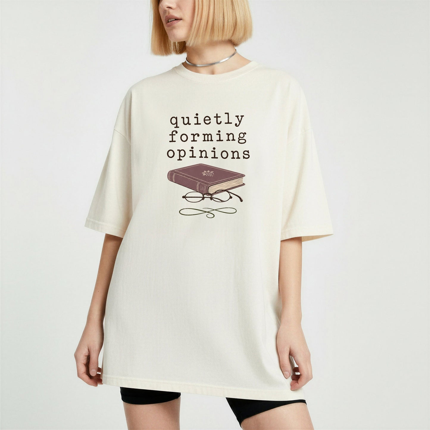 Quietly Forming Opinions bookish tee in Ivory, worn