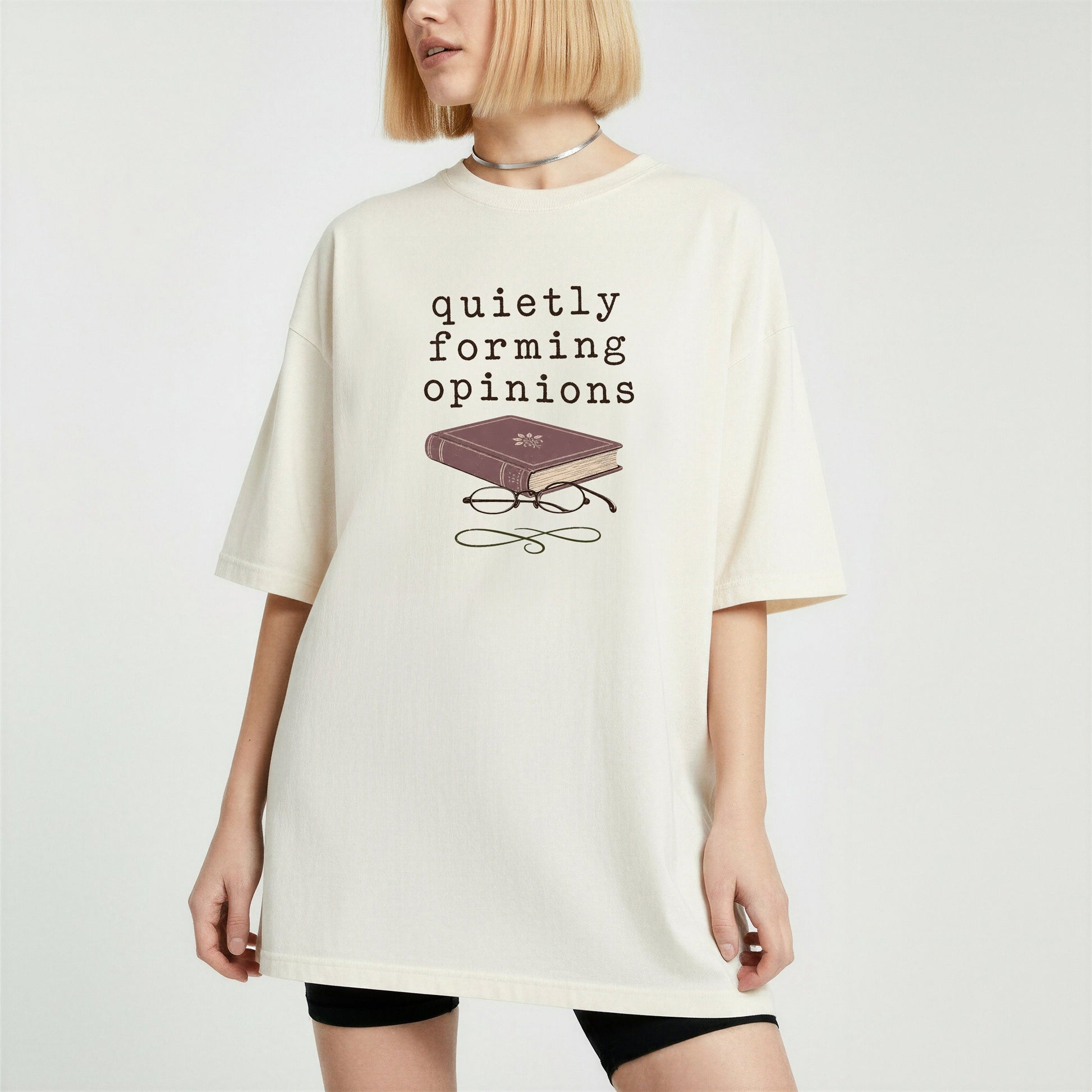 Quietly Forming Opinions bookish tee in Ivory, worn