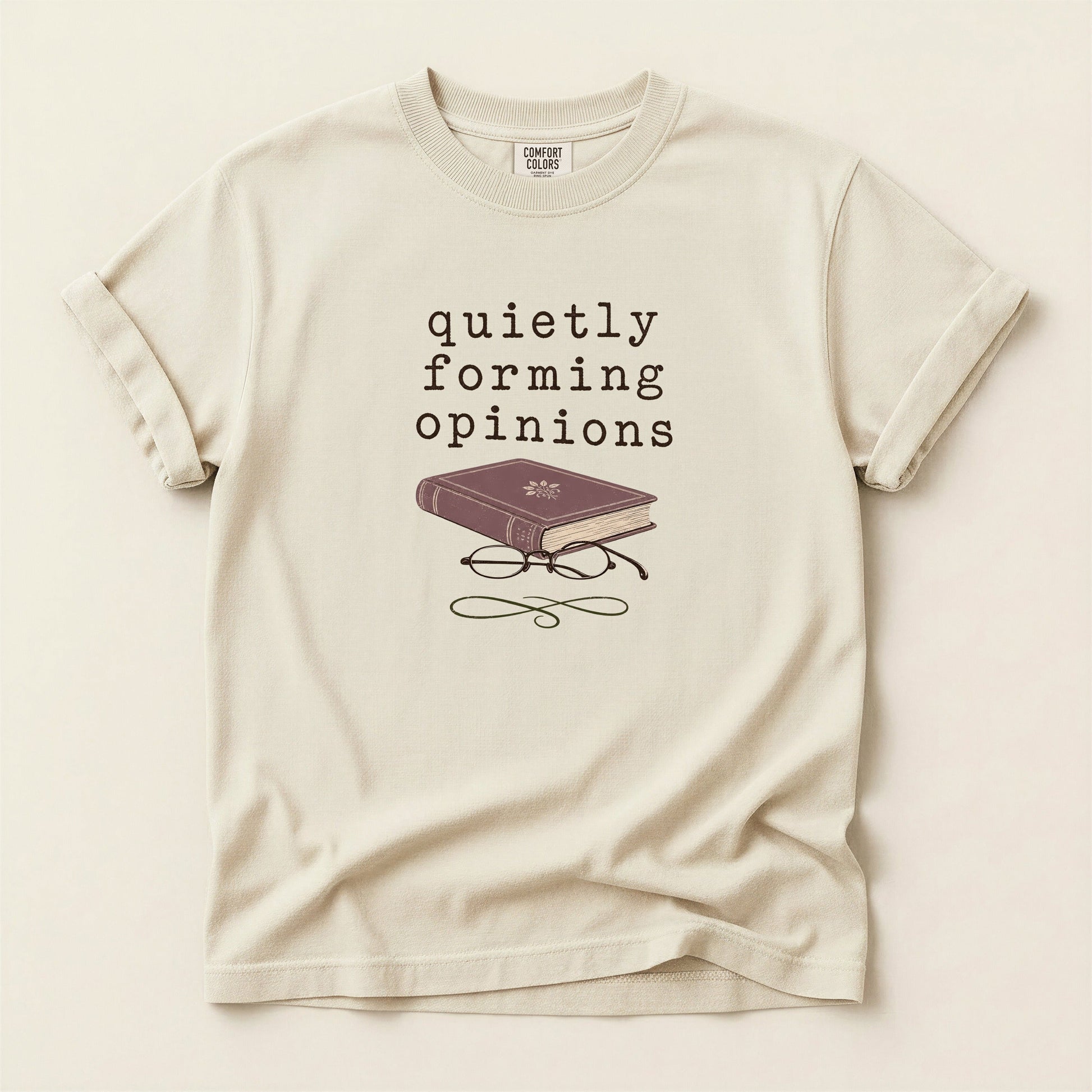 Quietly Forming Opinions bookish tee in Ivory, full flat