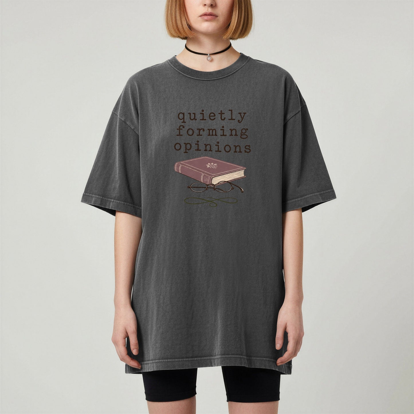 Quietly Forming Opinions bookish tee in Pepper, worn