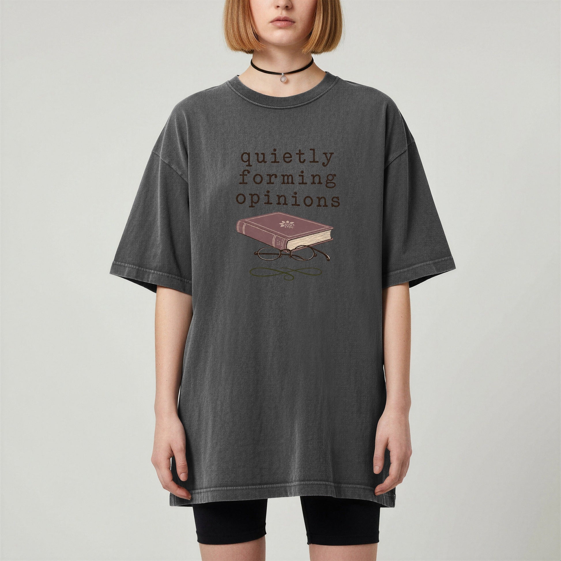Quietly Forming Opinions bookish tee in Pepper, worn