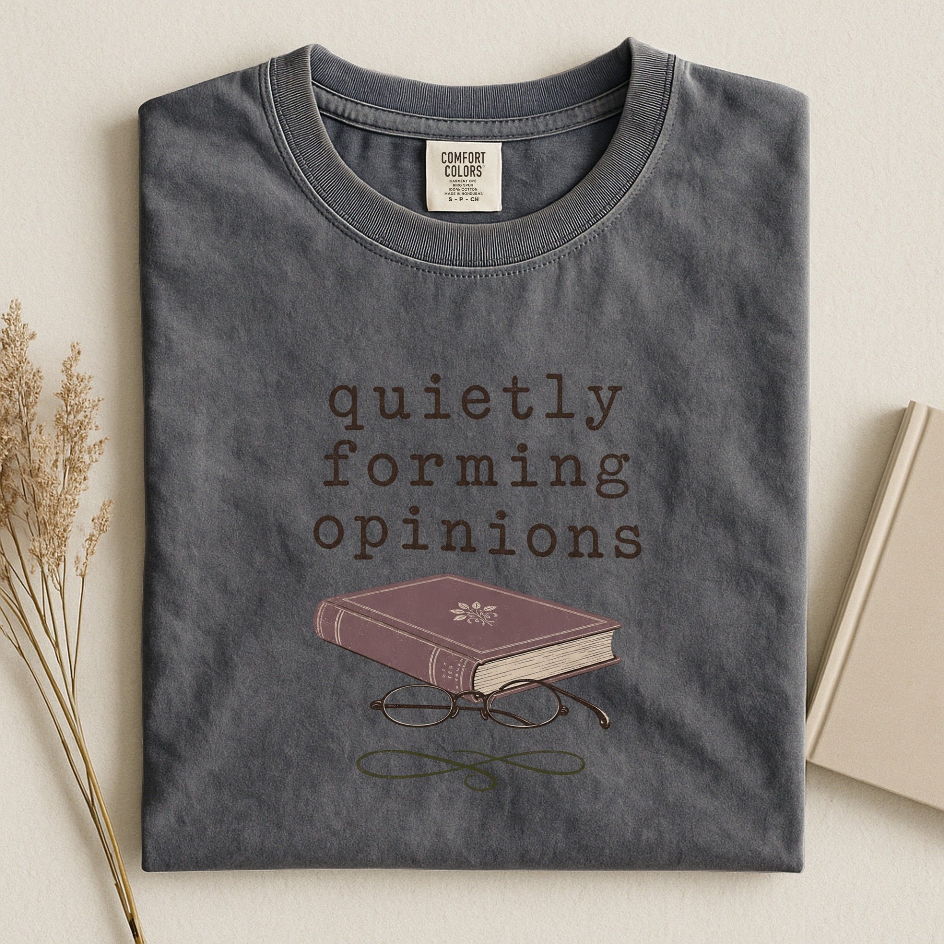 Quietly Forming Opinions bookish tee in Pepper, flat lay