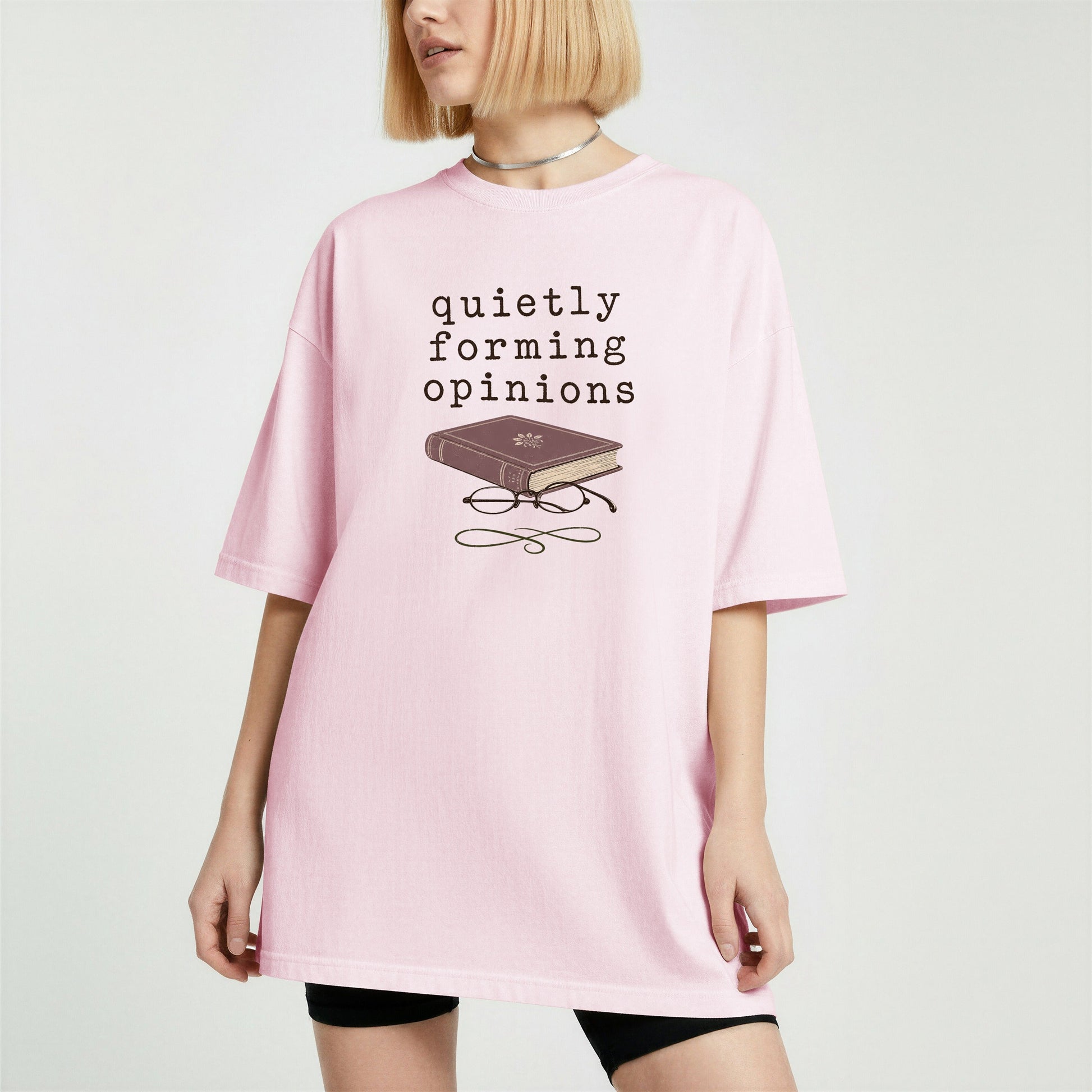 Quietly Forming Opinions bookish tee in Blossom, worn