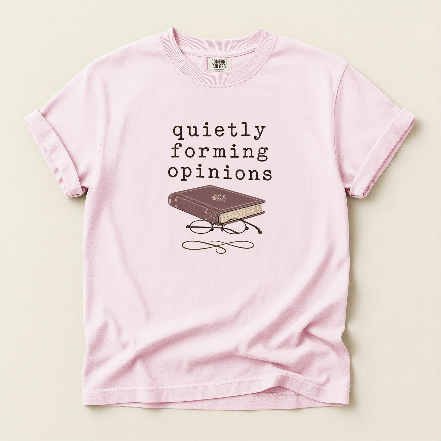 Quietly Forming Opinions bookish tee in Blossom, full flat