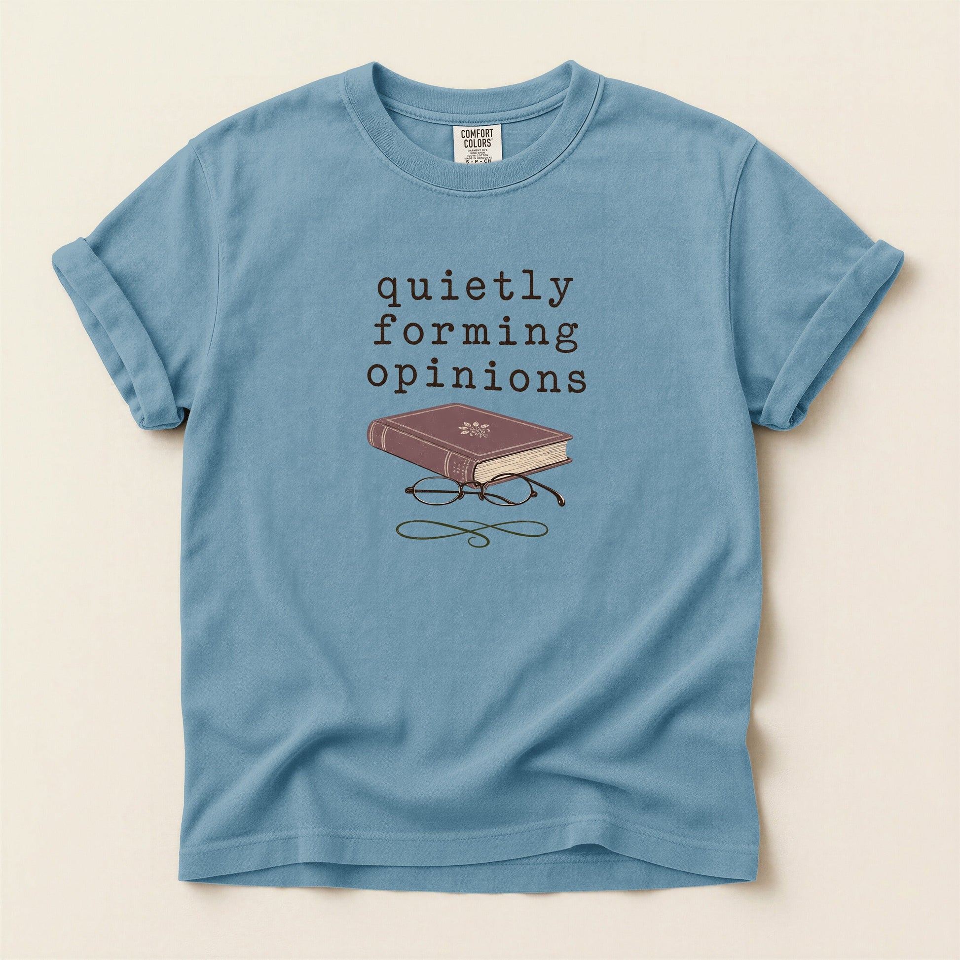 Quietly Forming Opinions bookish tee in Ice Blue, full flat