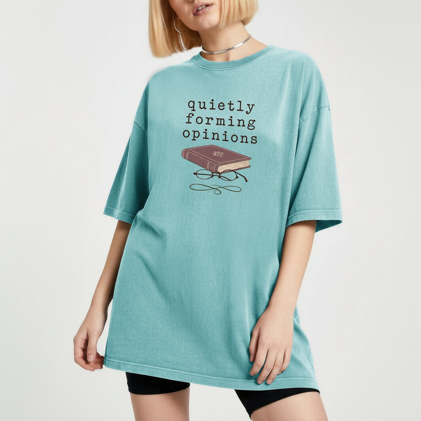 Quietly Forming Opinions bookish tee in Seafoam, worn