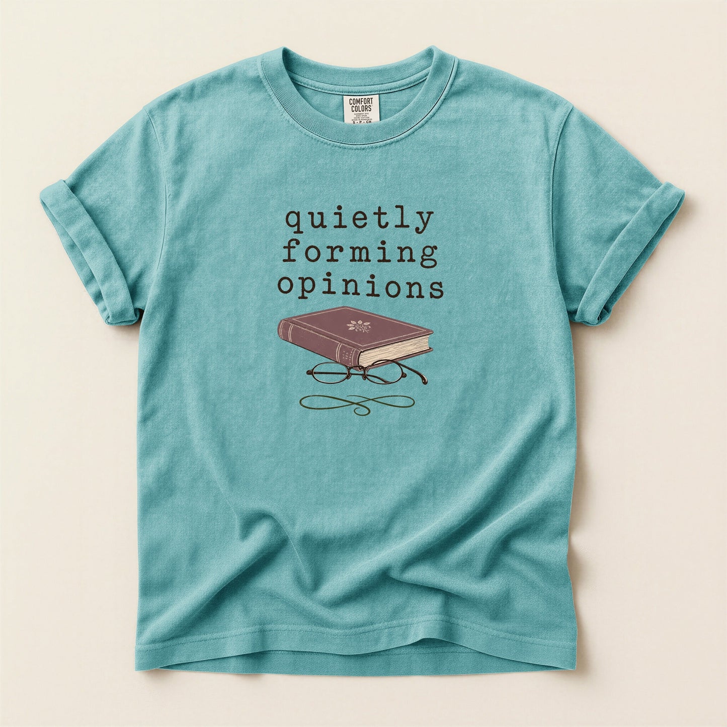Quietly Forming Opinions bookish tee in Seafoam, full flat