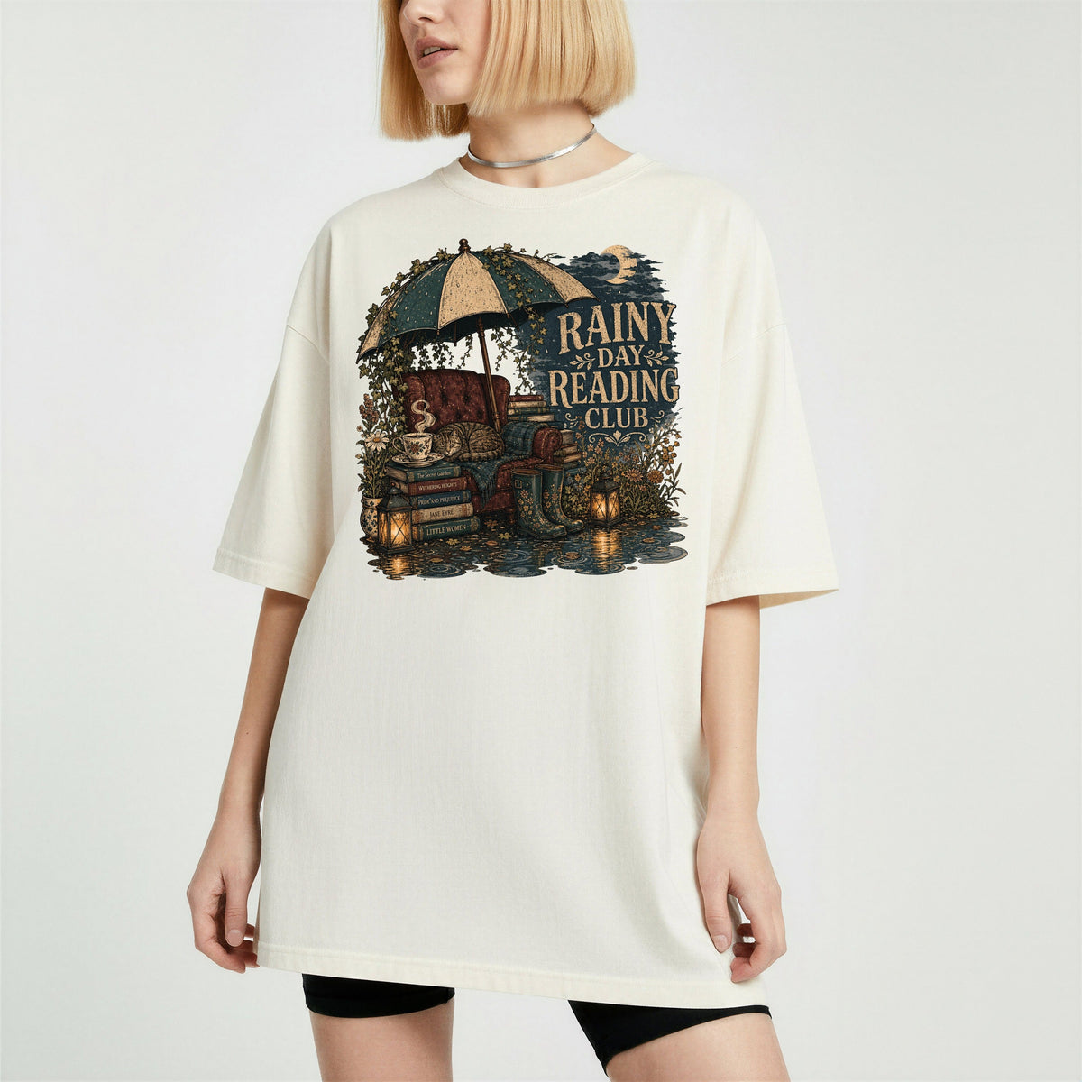 Rainy Day Reading Club bookish tee in Ivory, worn