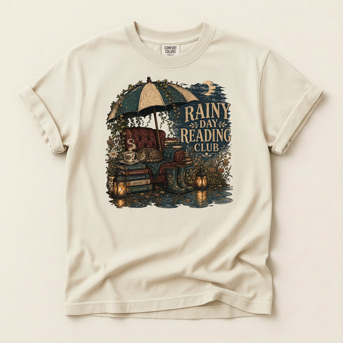 Rainy Day Reading Club bookish tee in Ivory, full flat