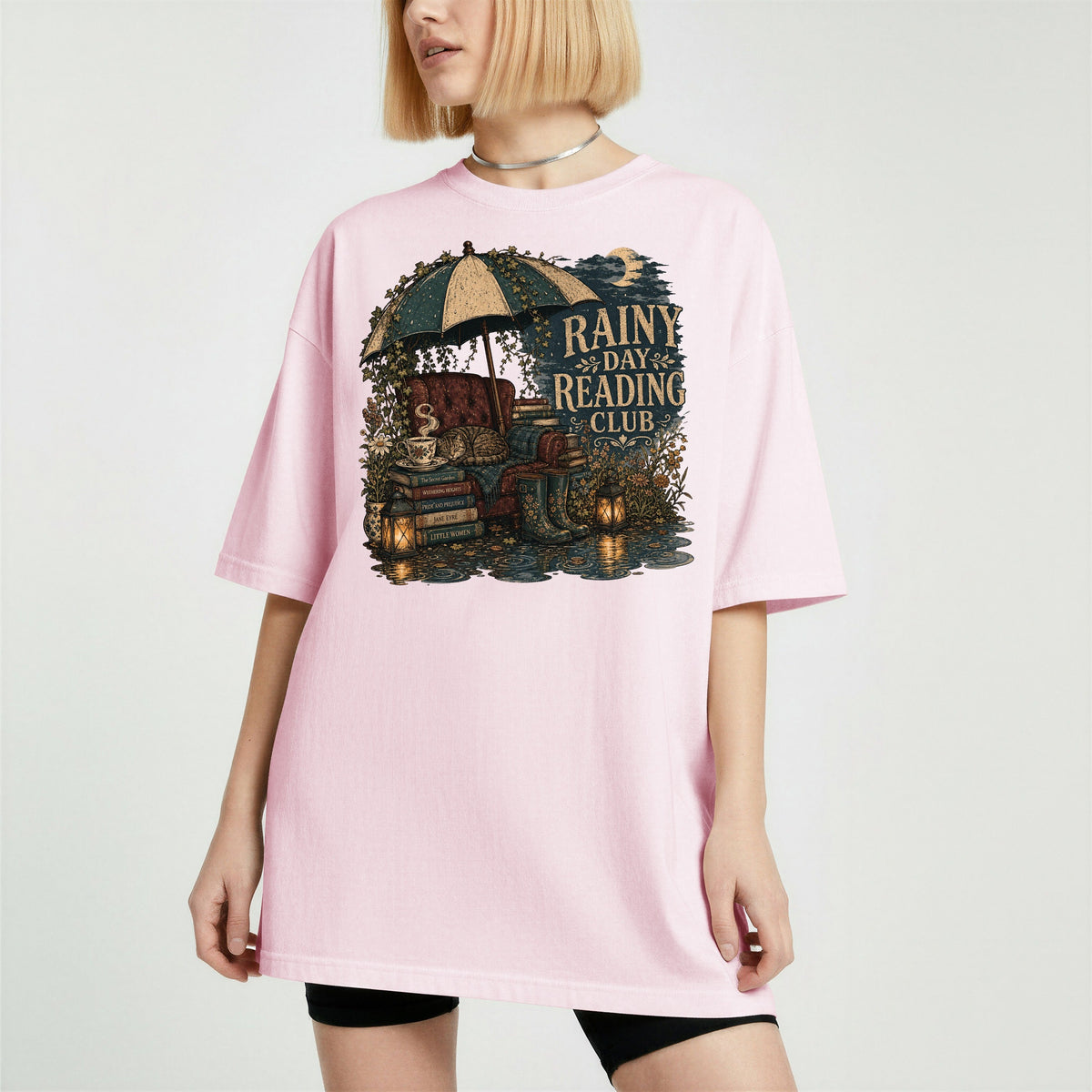 Rainy Day Reading Club bookish tee in Blossom, worn