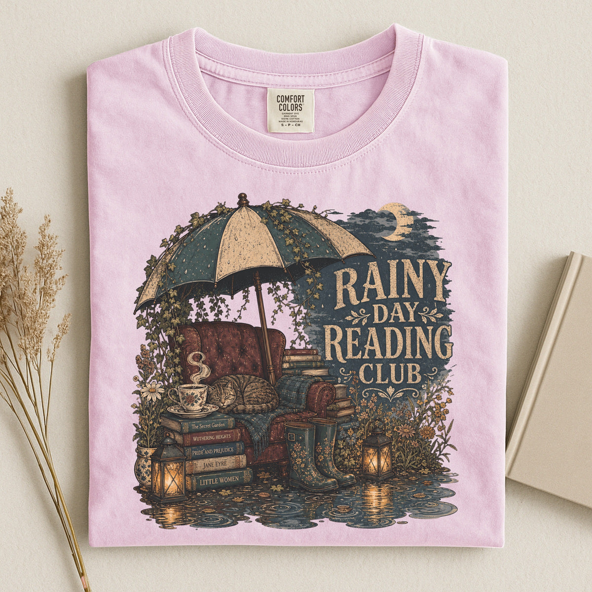 Rainy Day Reading Club bookish tee in Blossom, flat lay
