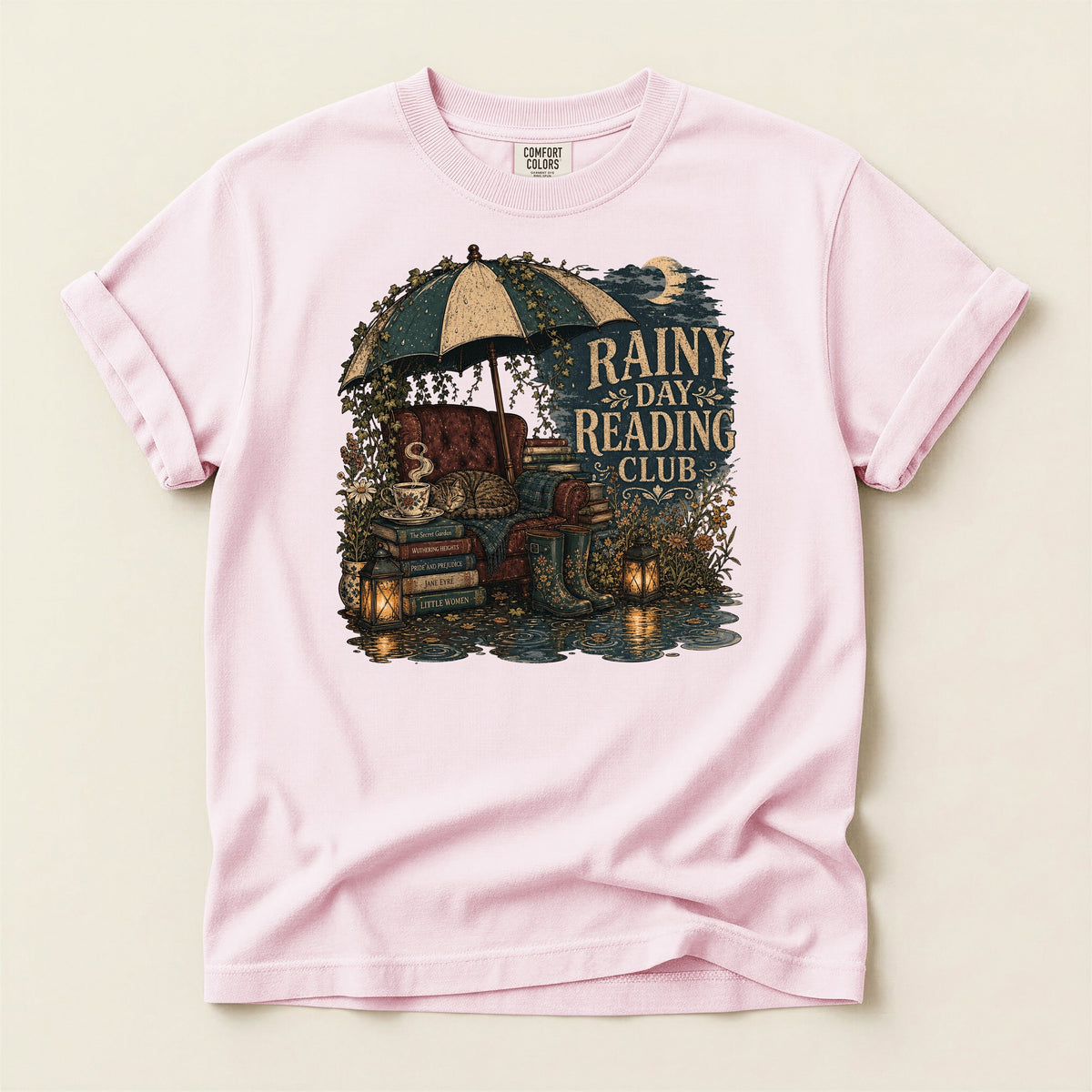 Rainy Day Reading Club bookish tee in Blossom, full flat