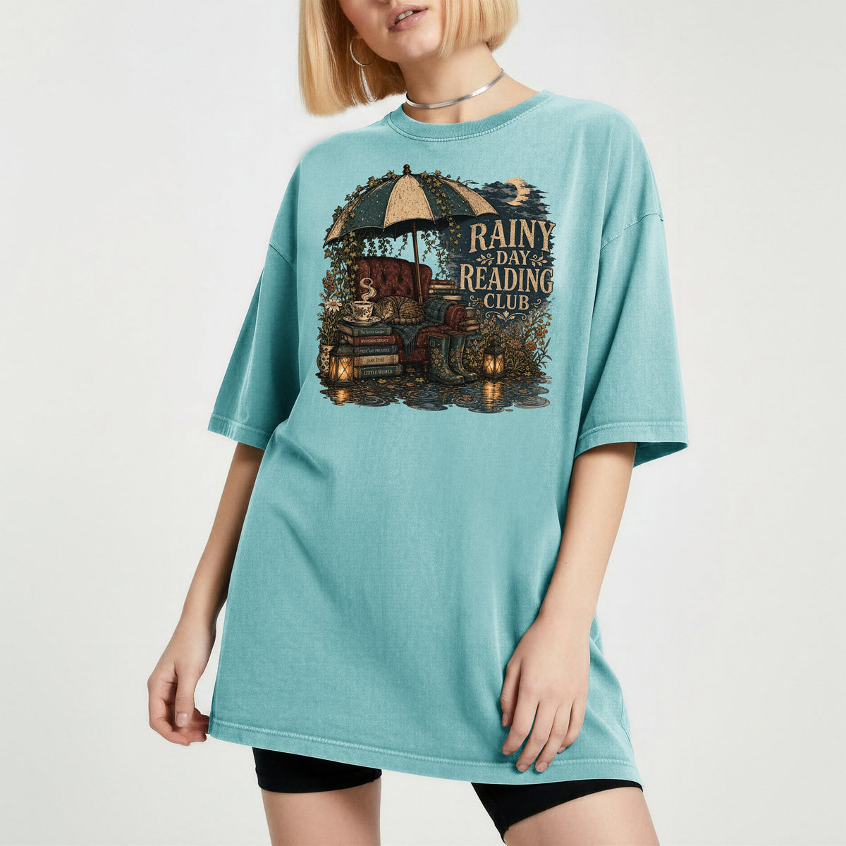 Rainy Day Reading Club bookish tee in Seafoam, worn