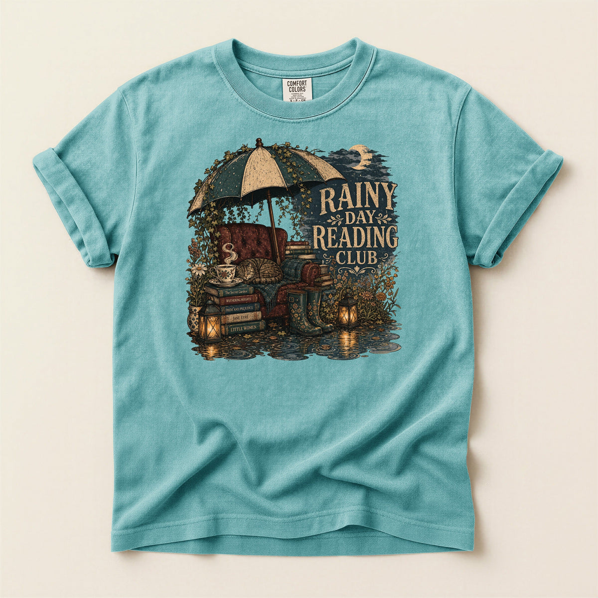 Rainy Day Reading Club bookish tee in Seafoam, full flat