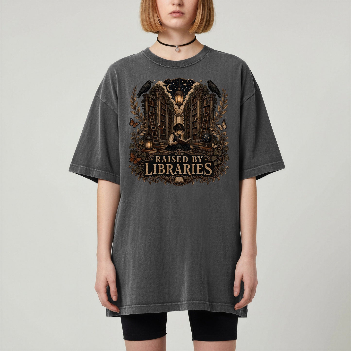 Raised by Libraries bookish tee in Pepper, worn