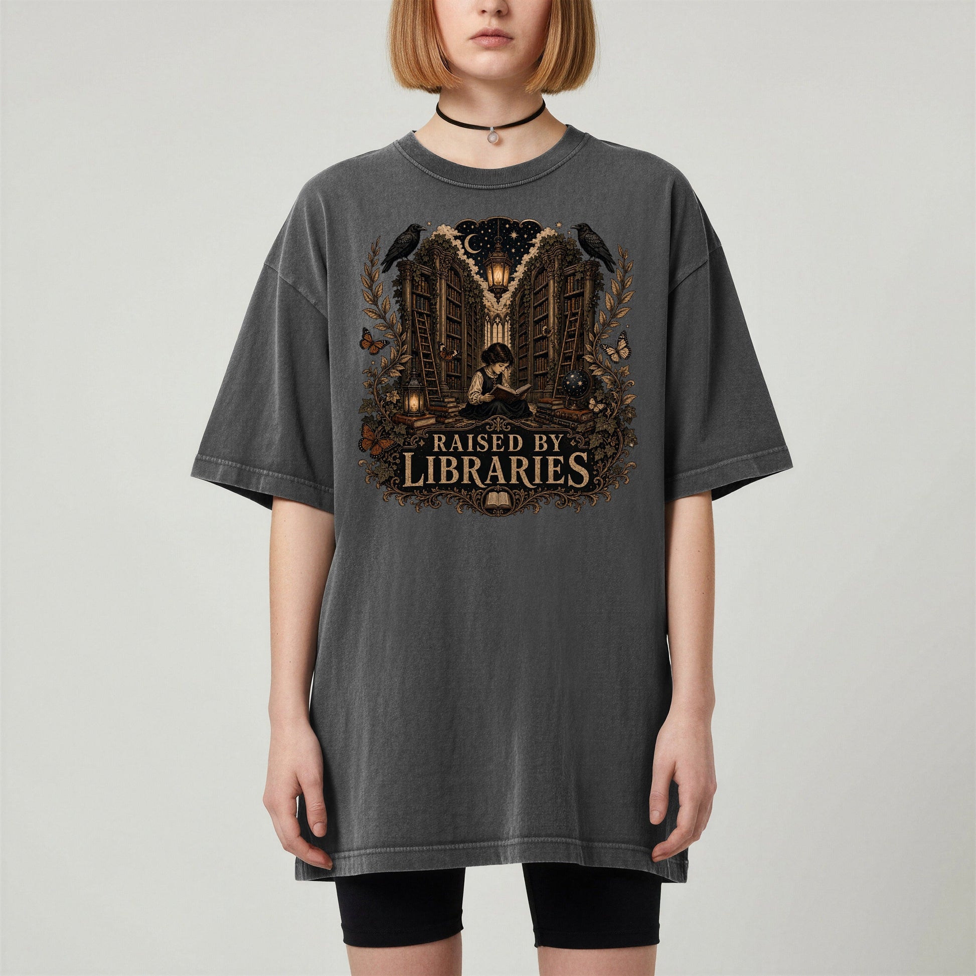 Raised by Libraries bookish tee in Pepper, worn