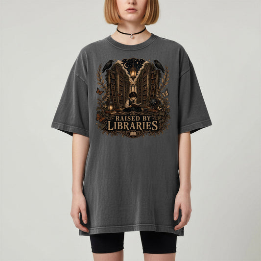 Raised by Libraries bookish tee in Pepper, worn