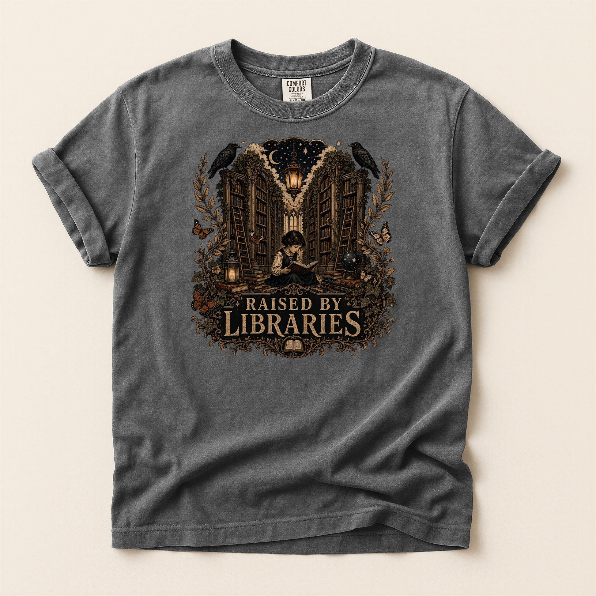 Raised by Libraries bookish tee in Pepper, full flat