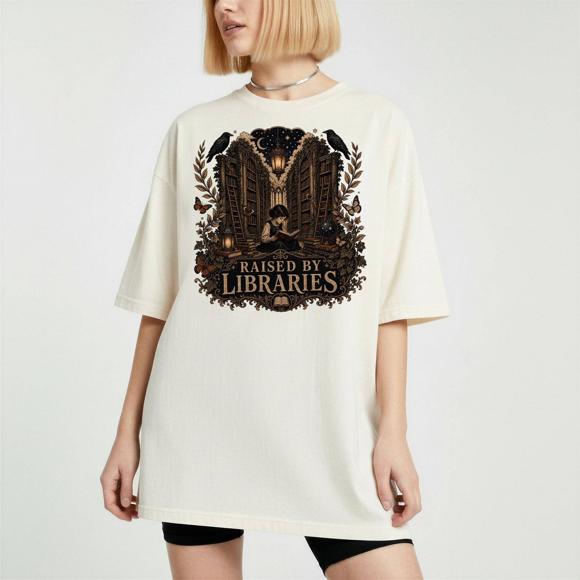 Raised by Libraries bookish tee in Ivory, worn