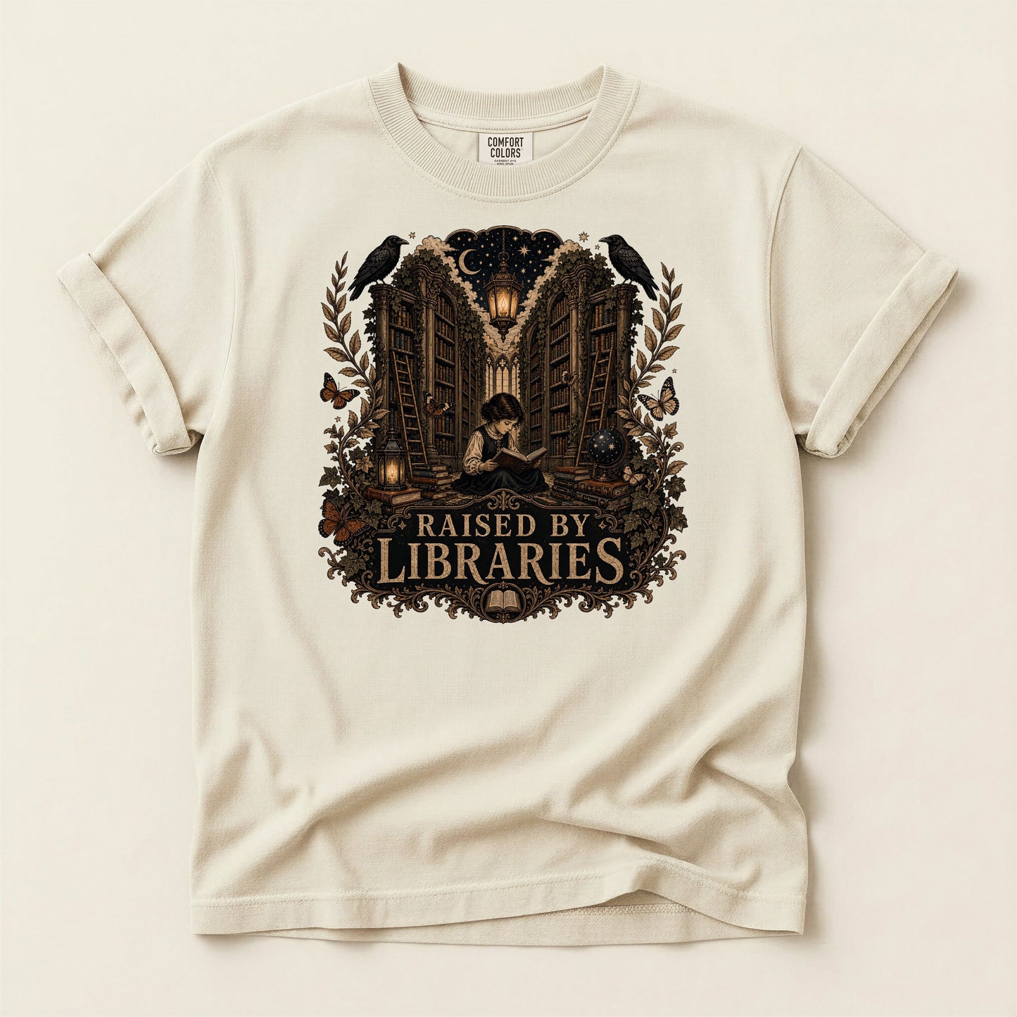 Raised by Libraries bookish tee in Ivory, full flat