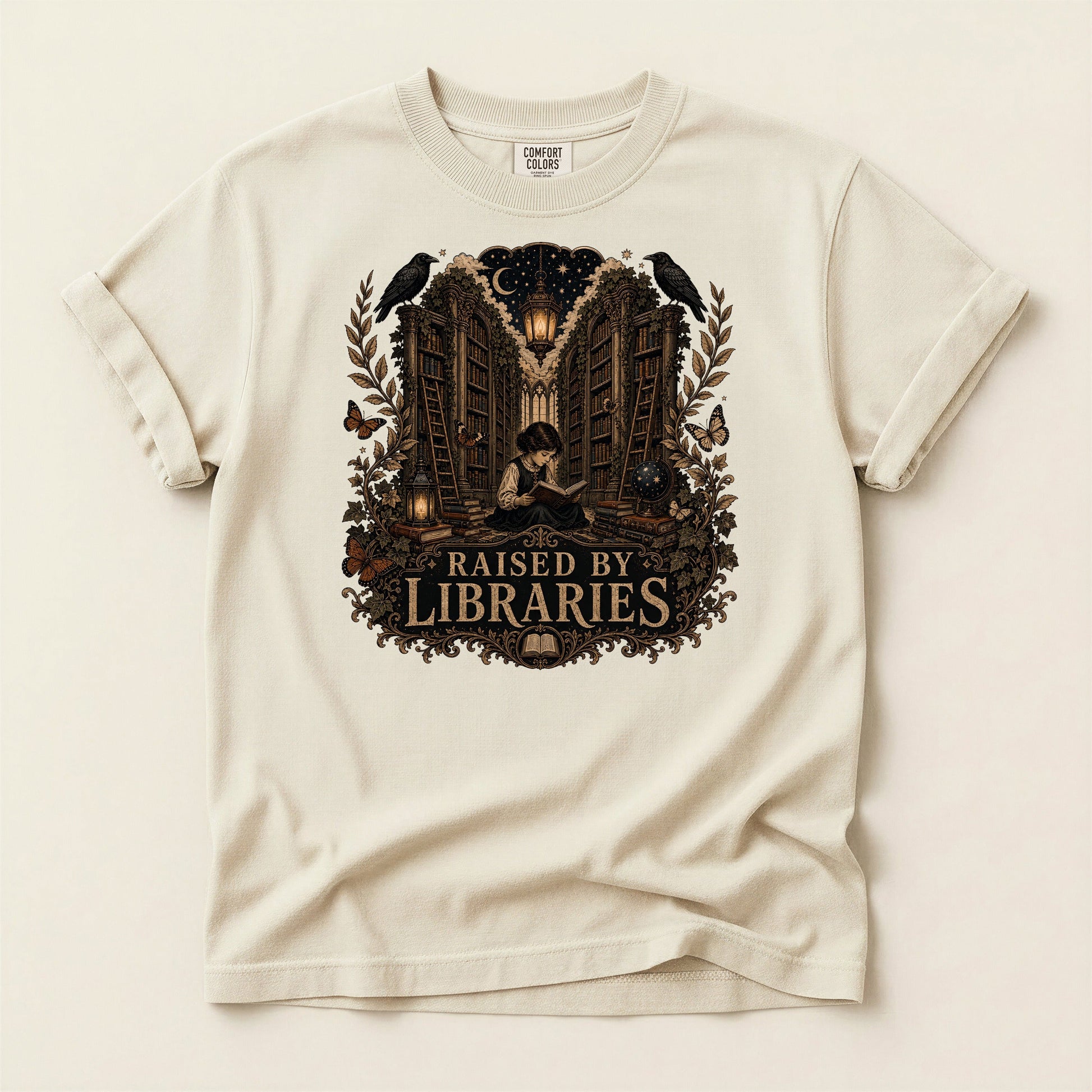 Raised by Libraries bookish tee in Ivory, full flat