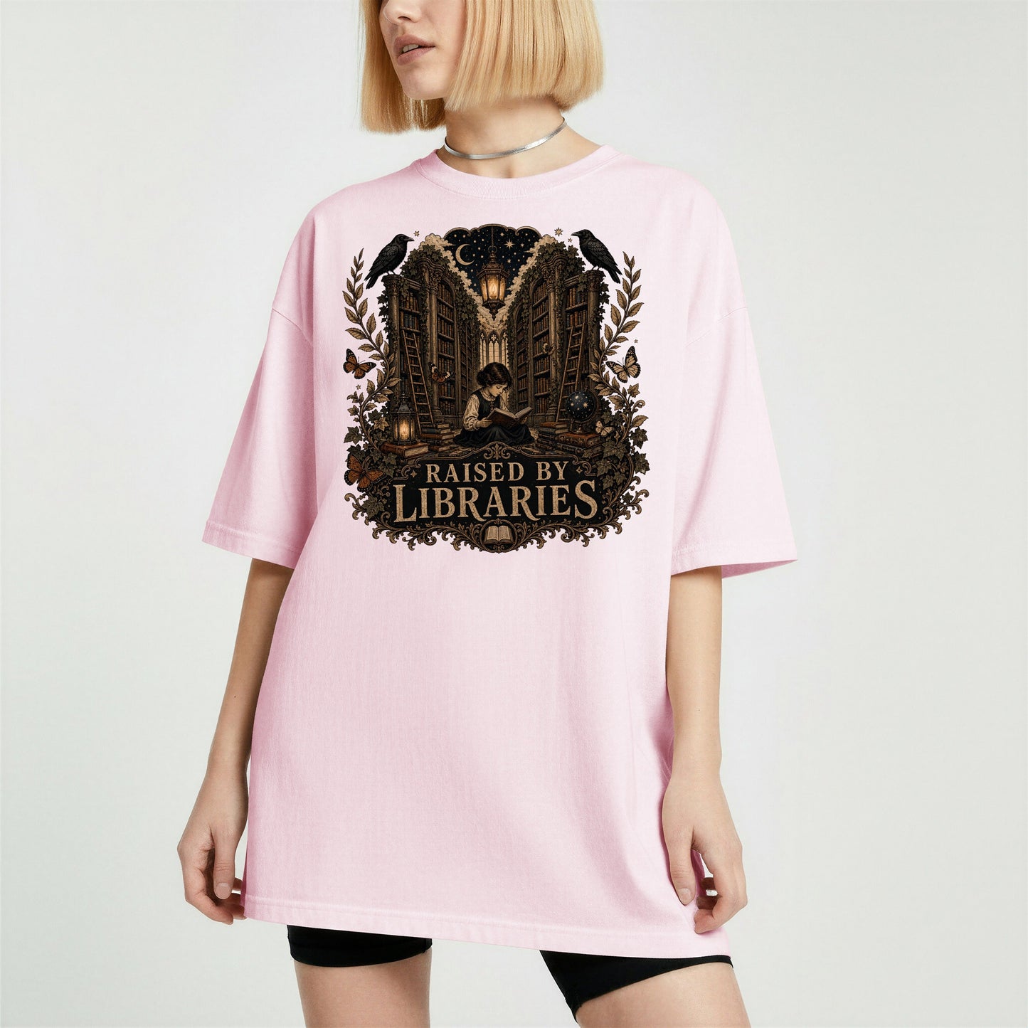 Raised by Libraries bookish tee in Blossom, worn