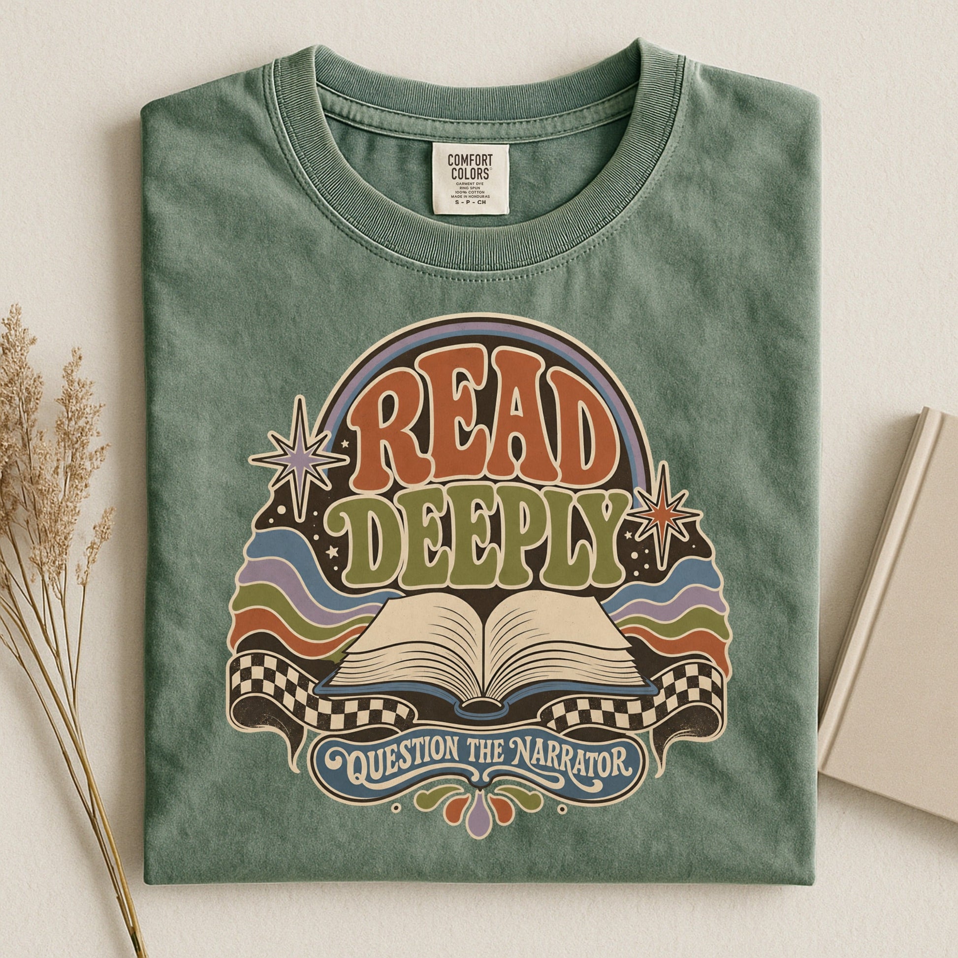 Read Deeply bookish tee in Moss, flat lay