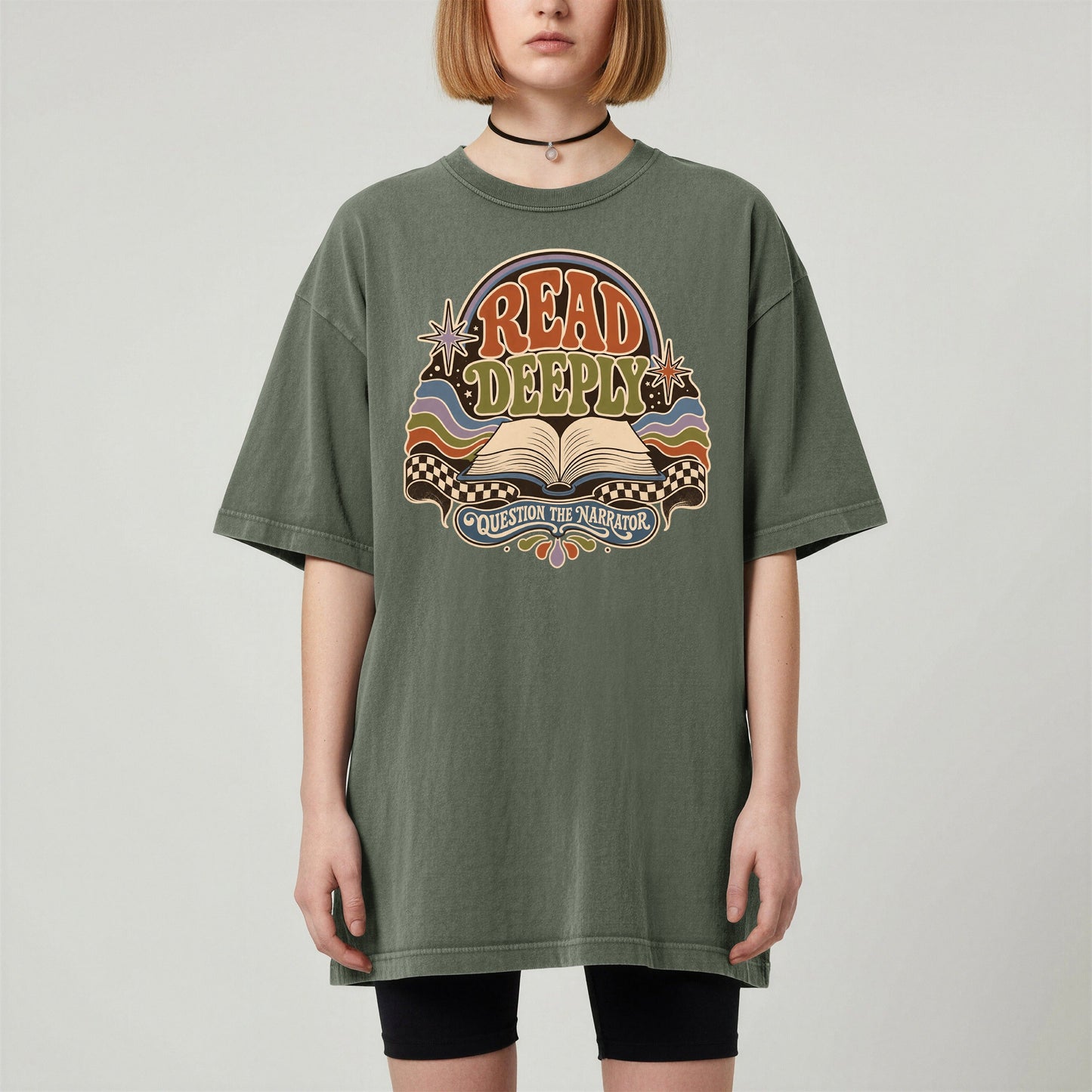 Read Deeply bookish tee in Moss, worn