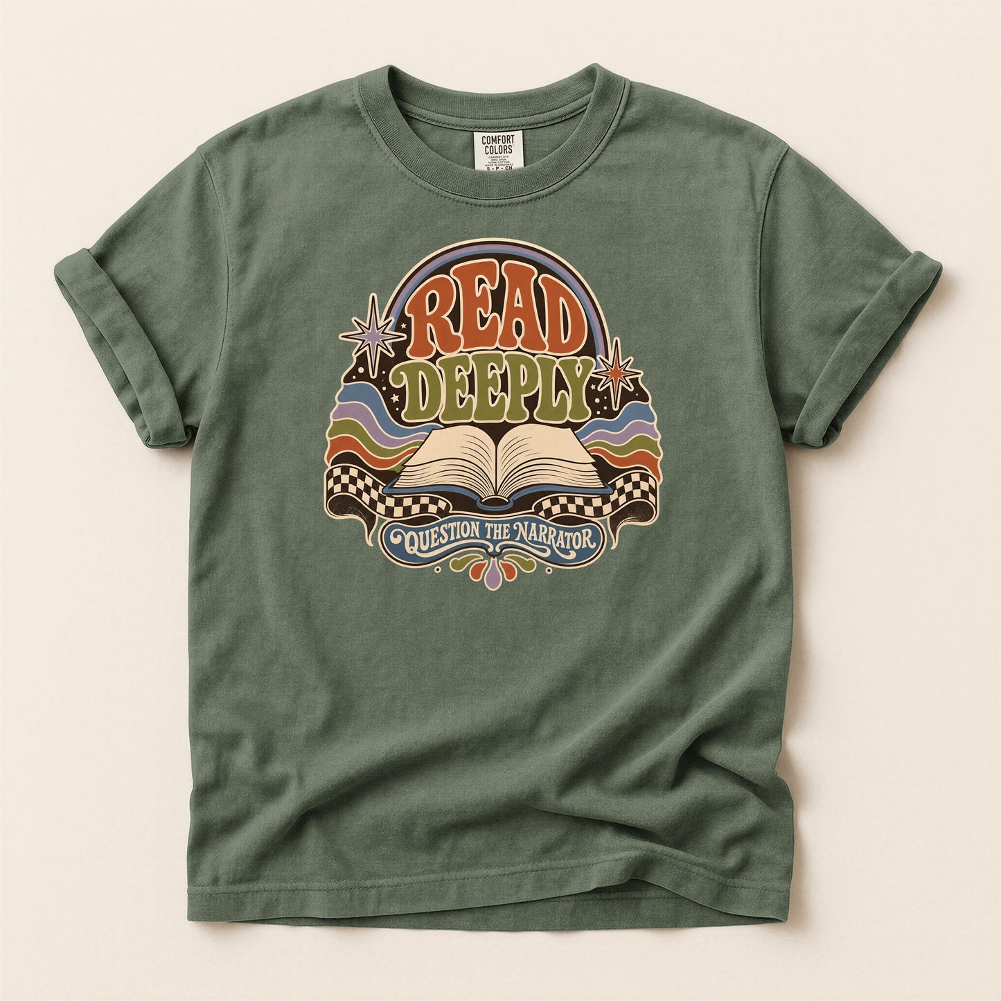 Read Deeply bookish tee in Moss, full flat