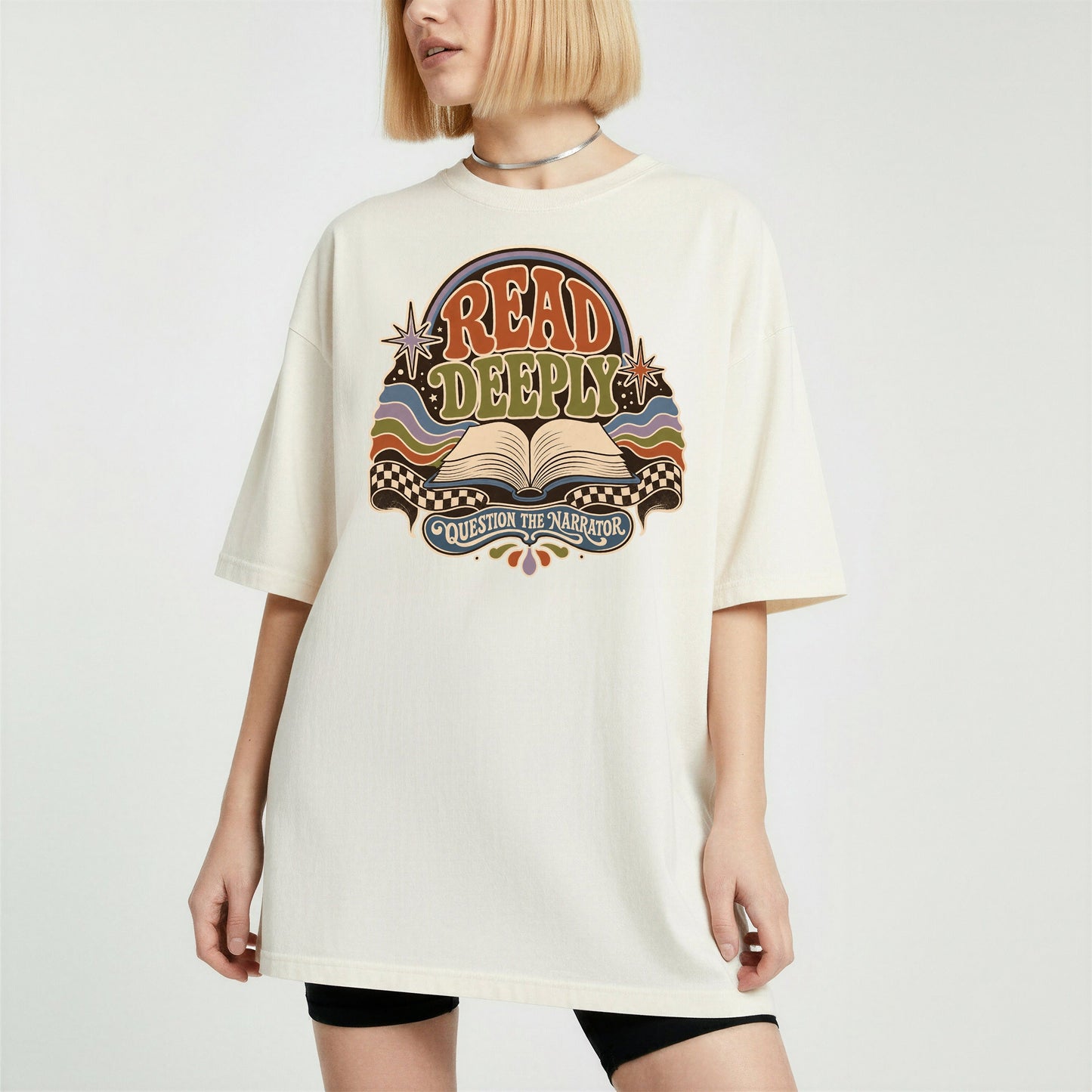 Read Deeply bookish tee in Ivory, worn