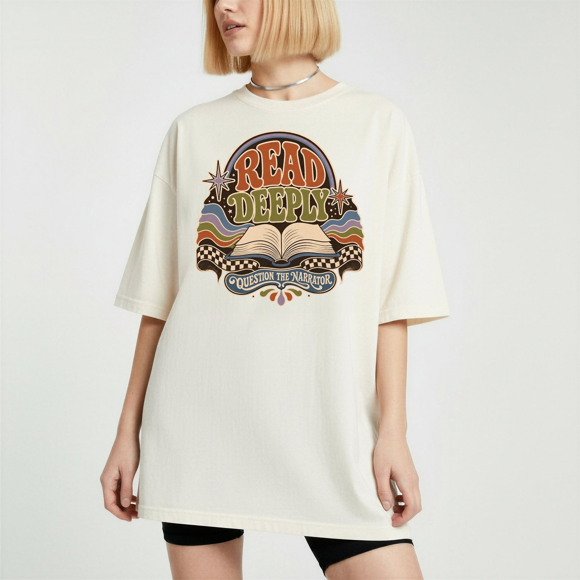 Read Deeply bookish tee in Ivory, worn