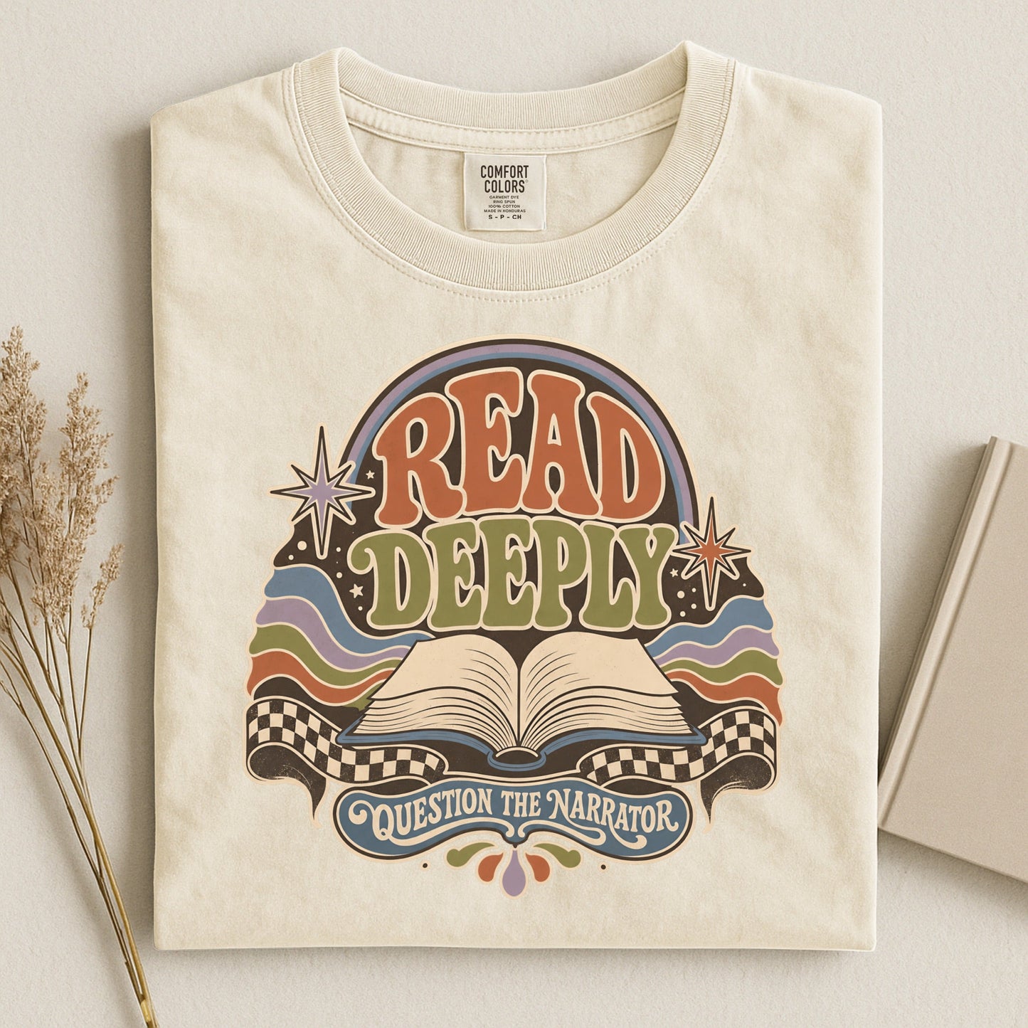 Read Deeply bookish tee in Ivory, flat lay