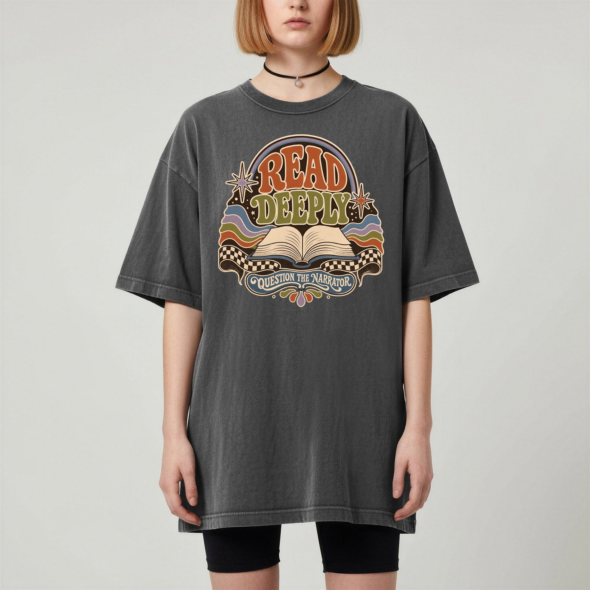 Read Deeply bookish tee in Pepper, worn