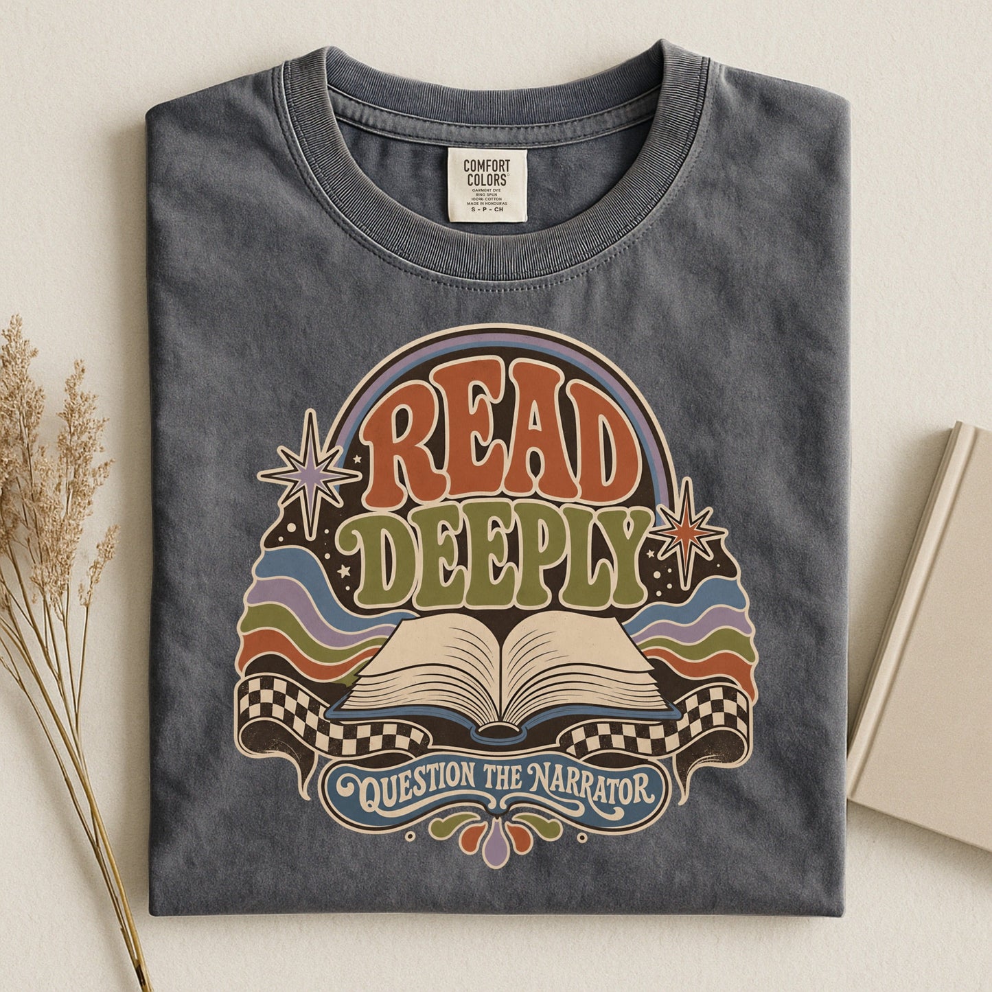 Read Deeply bookish tee in Pepper, flat lay