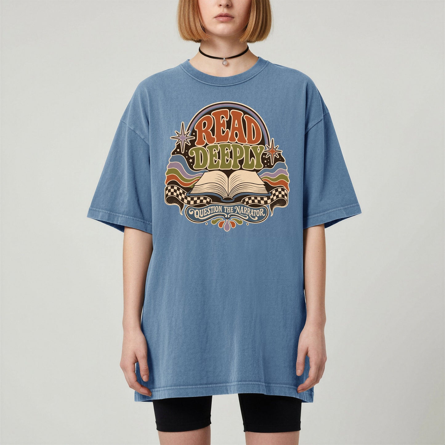 Read Deeply bookish tee in Blue Jean, worn