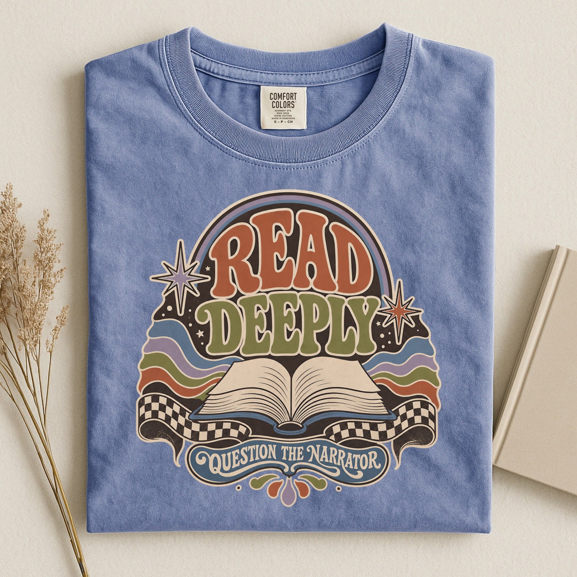 Read Deeply bookish tee in Blue Jean, flat lay