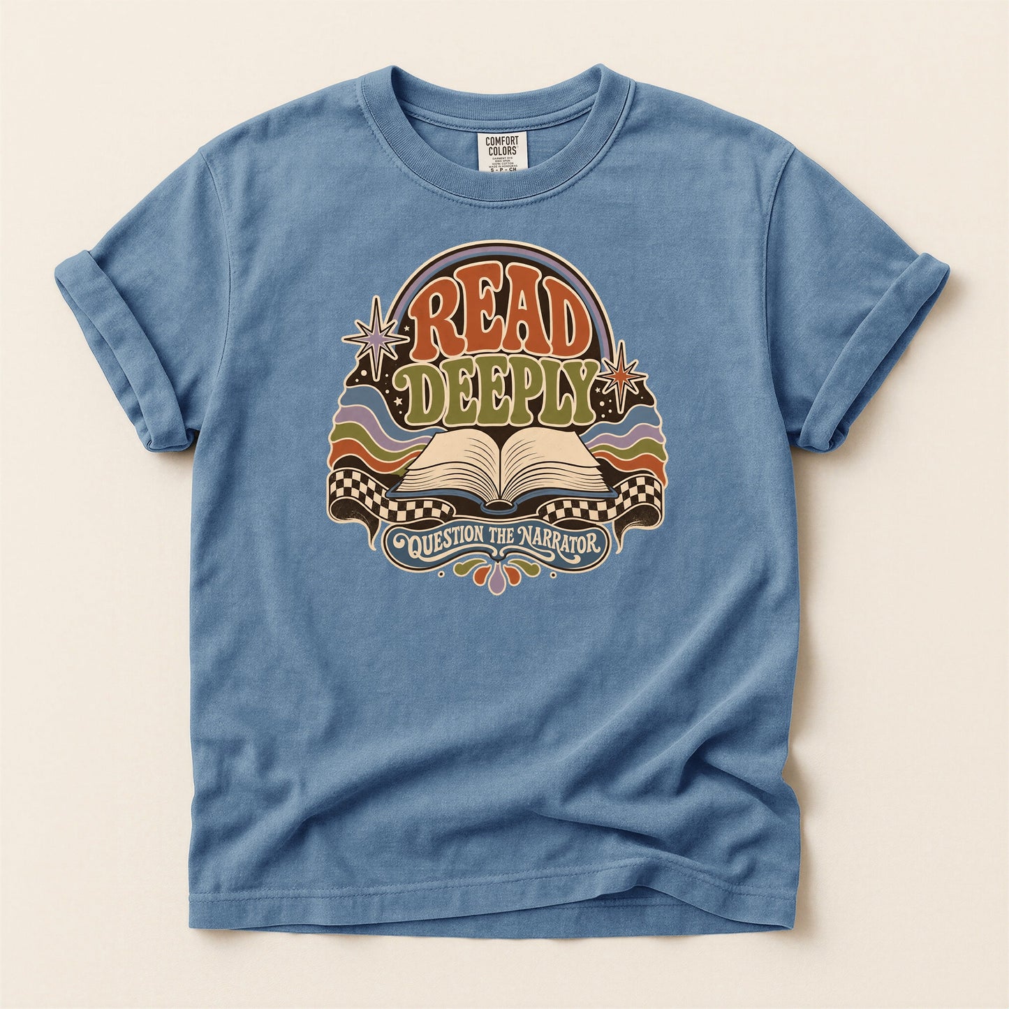 Read Deeply bookish tee in Blue Jean, full flat