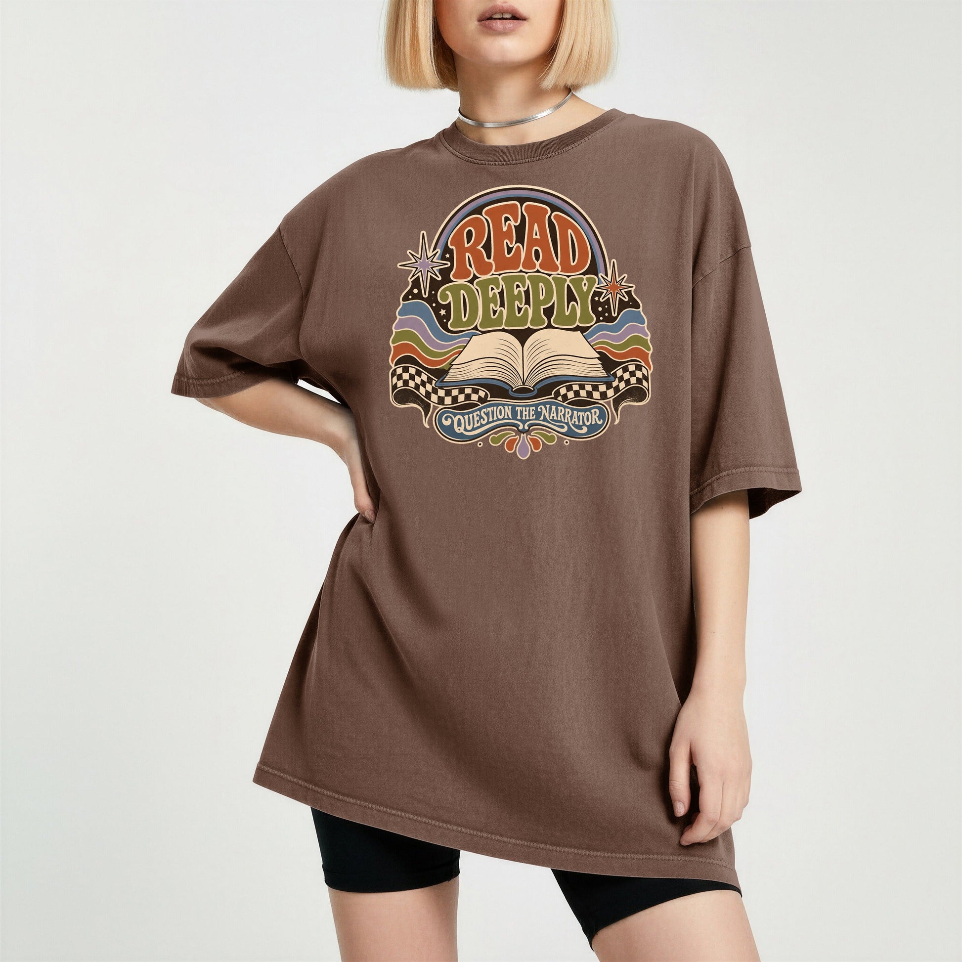 Read Deeply bookish tee in Espresso, worn