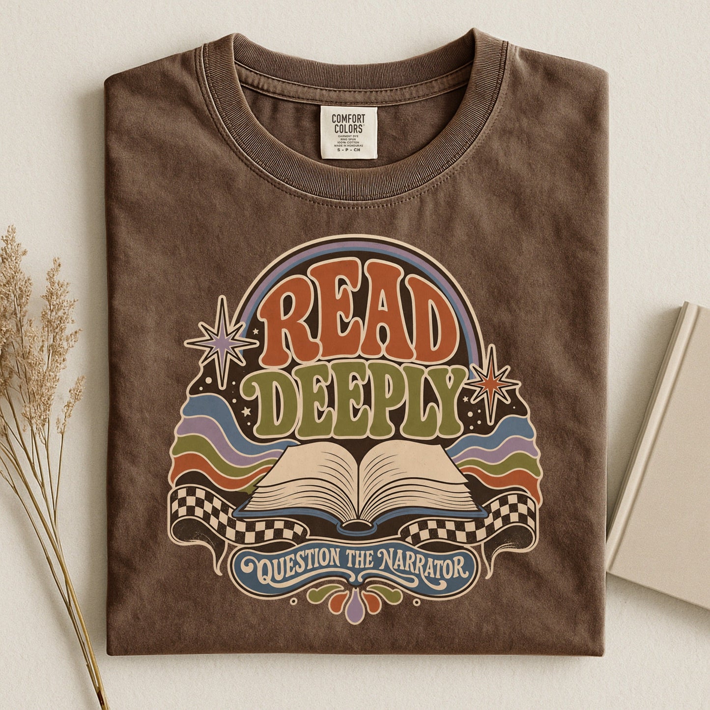 Read Deeply bookish tee in Espresso, flat lay