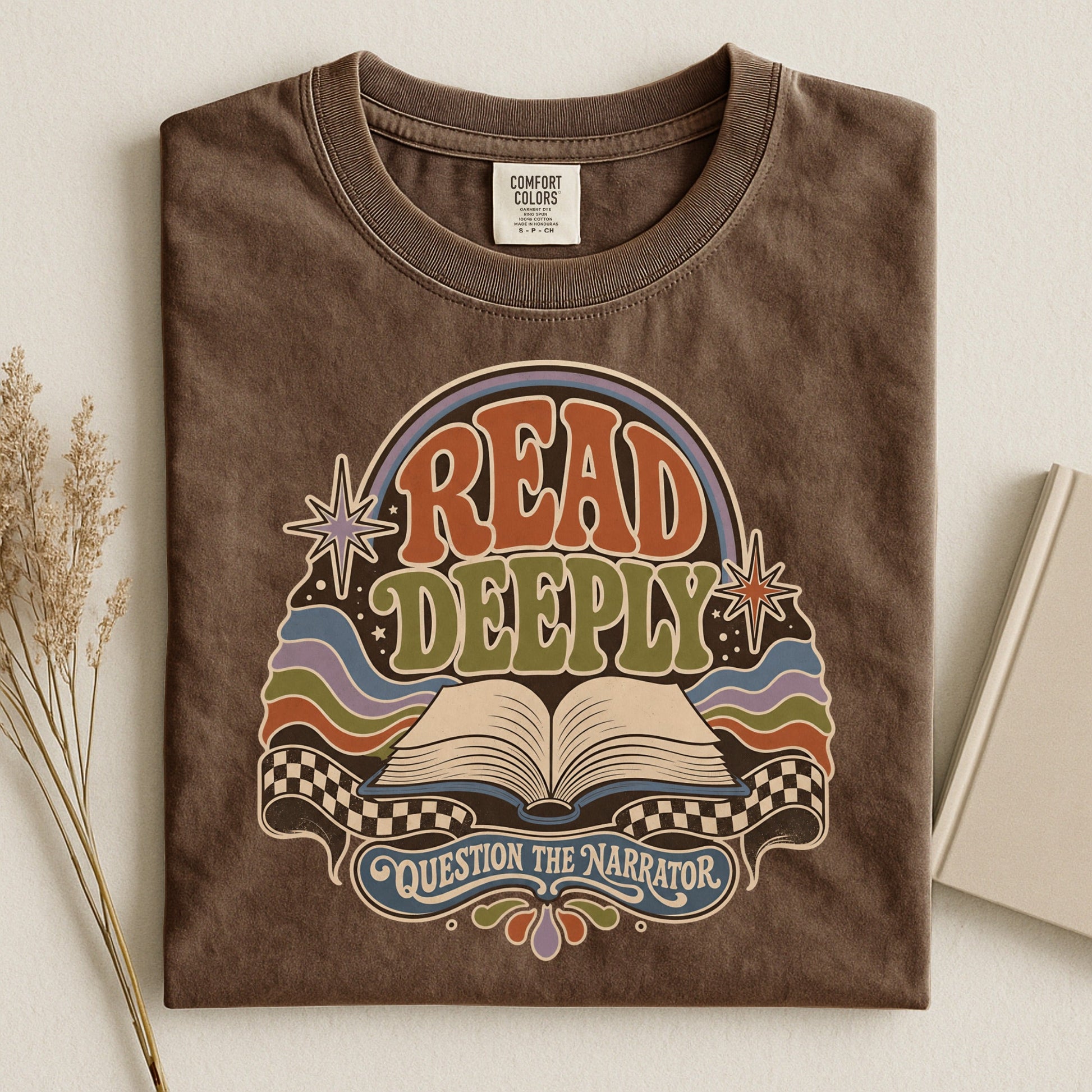 Read Deeply bookish tee in Espresso, flat lay