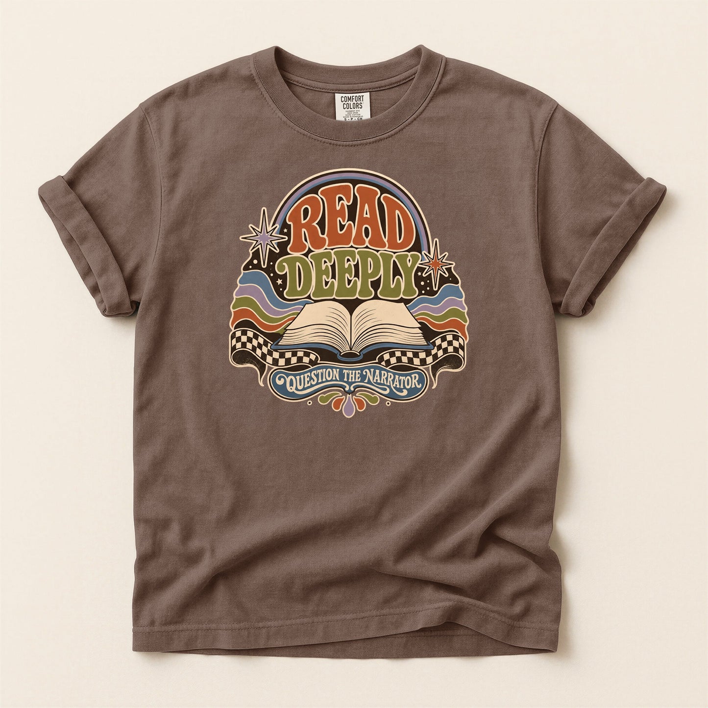 Read Deeply bookish tee in Espresso, full flat