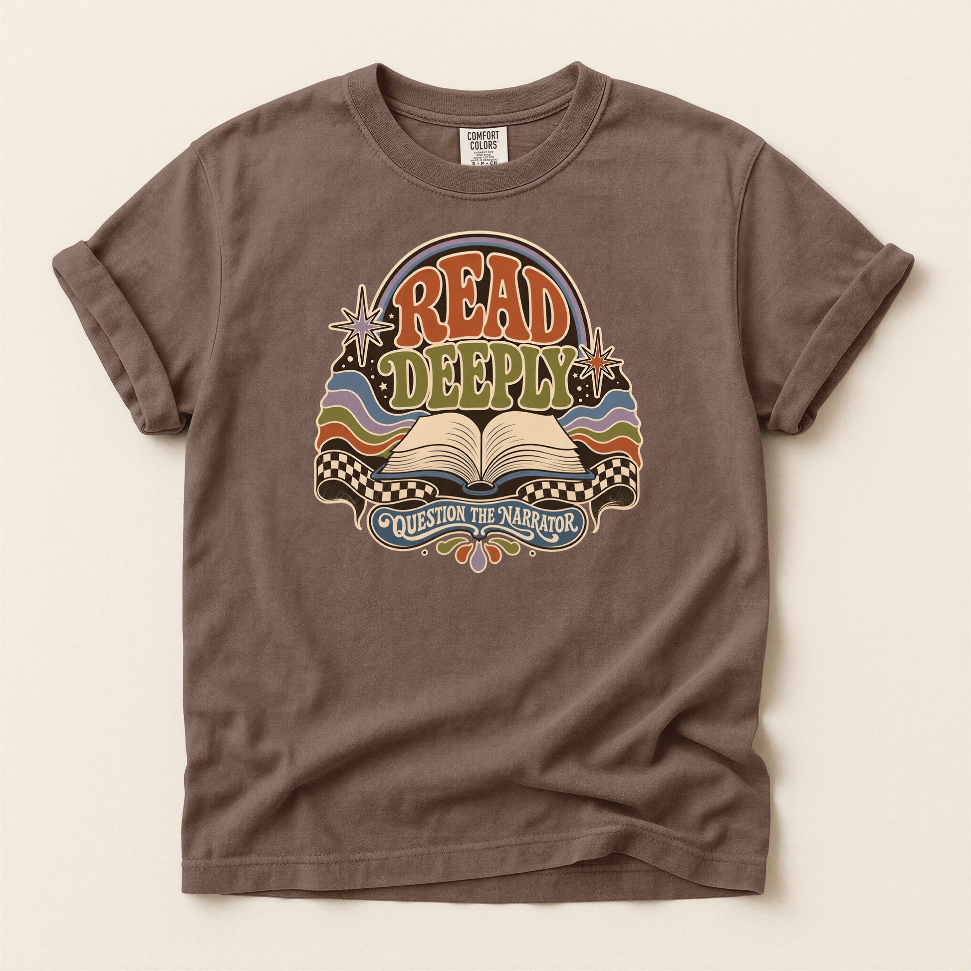 Read Deeply bookish tee in Espresso, full flat