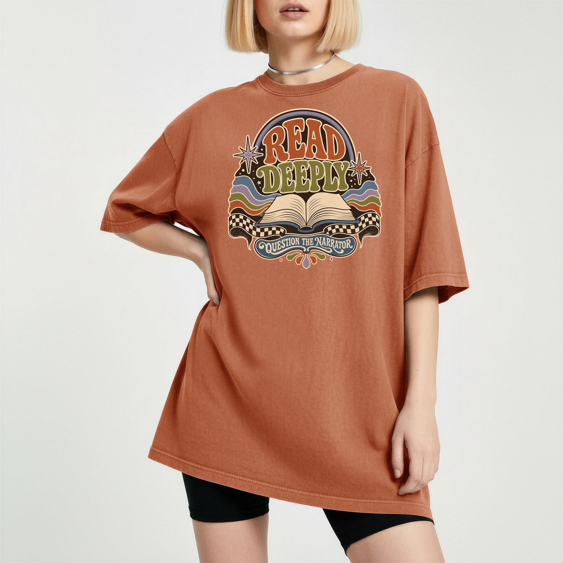 Read Deeply bookish tee in Yam, worn
