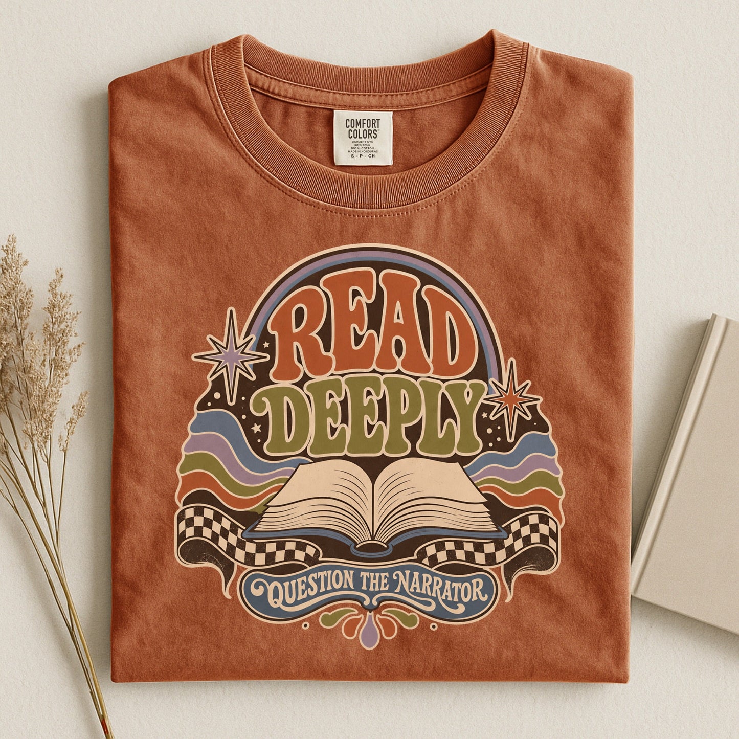 Read Deeply bookish tee in Yam, flat lay