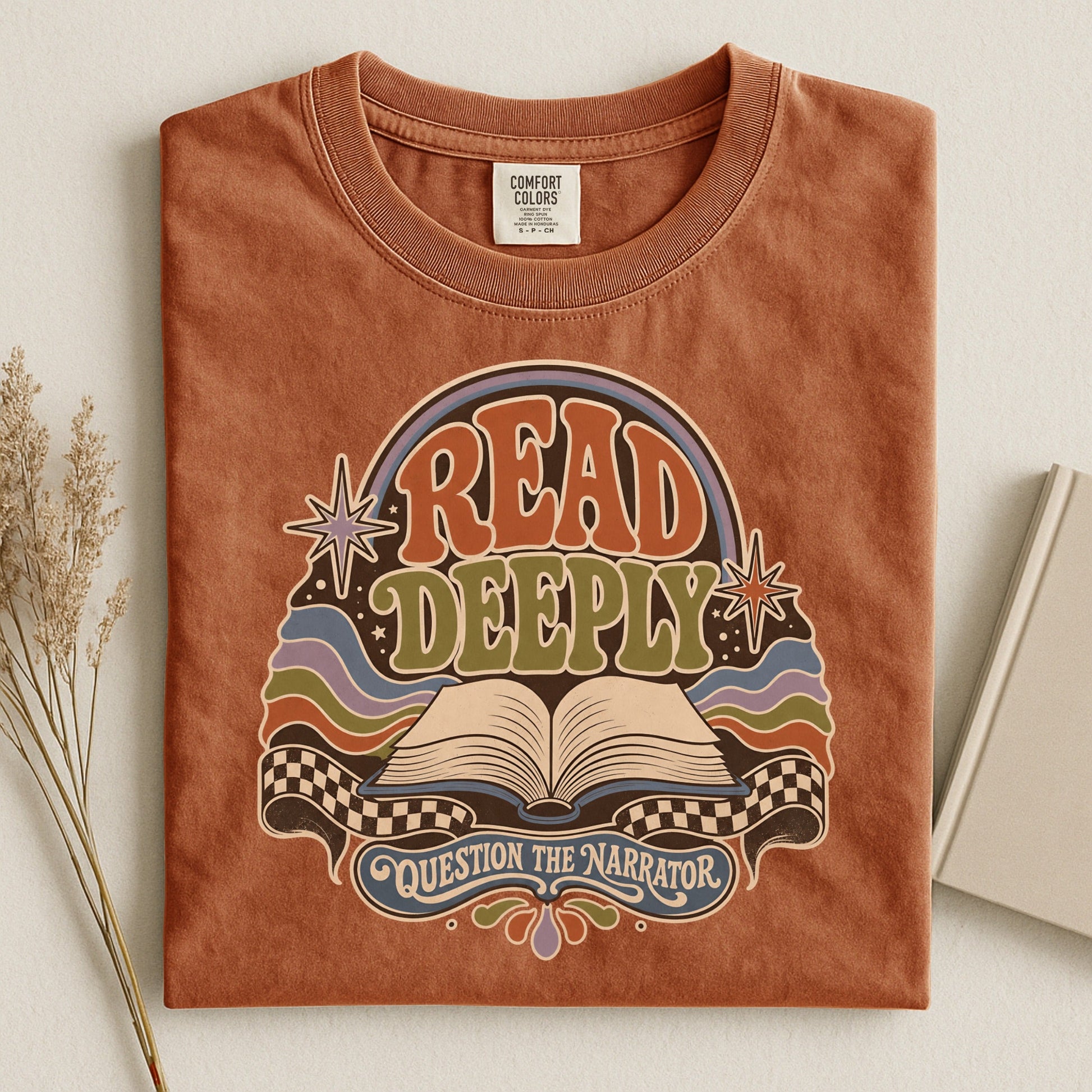 Read Deeply bookish tee in Yam, flat lay