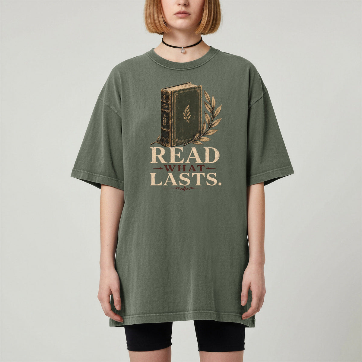 Shelf Love Studio Read What Lasts t-shirt in Moss, worn