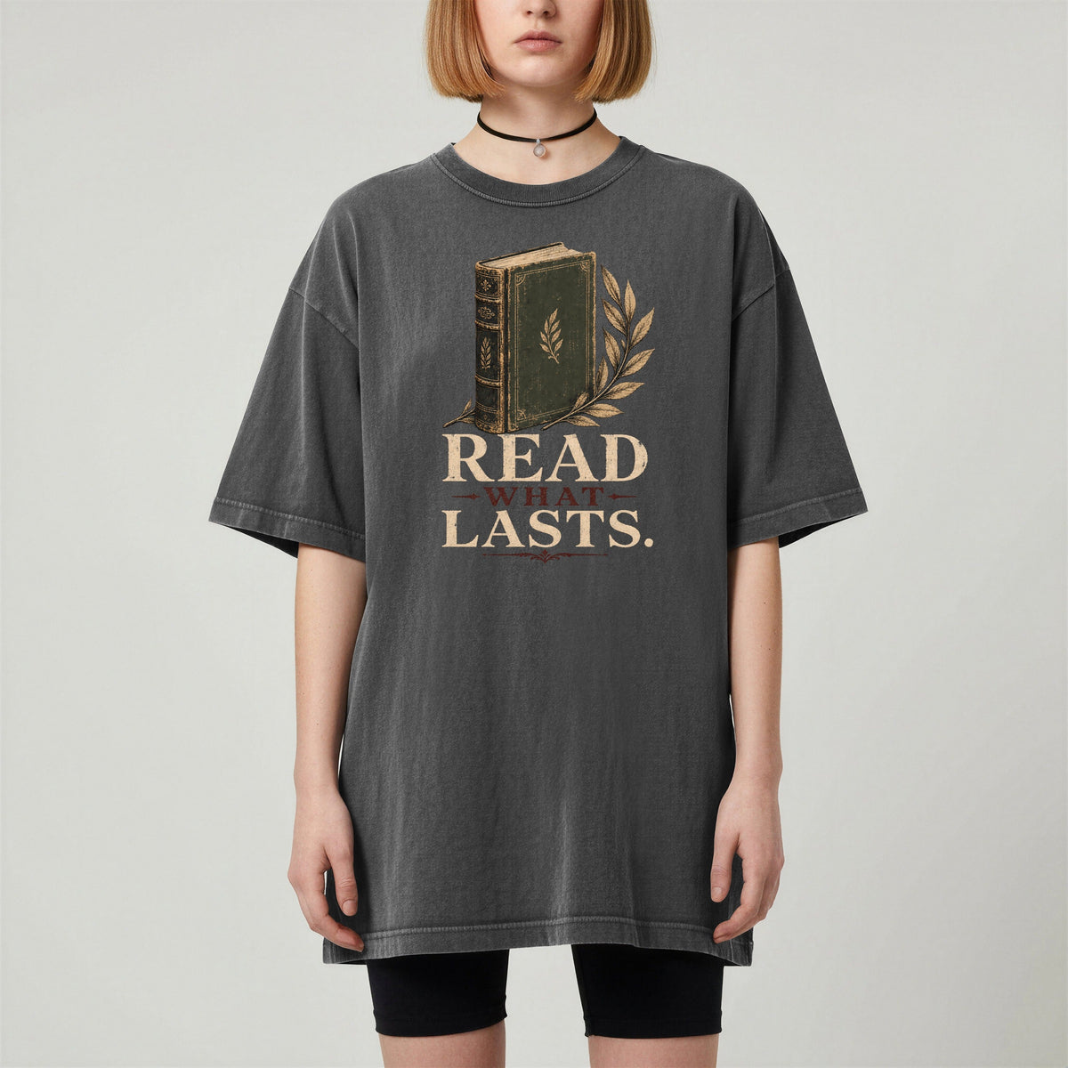 Shelf Love Studio Read What Lasts t-shirt in Pepper, worn