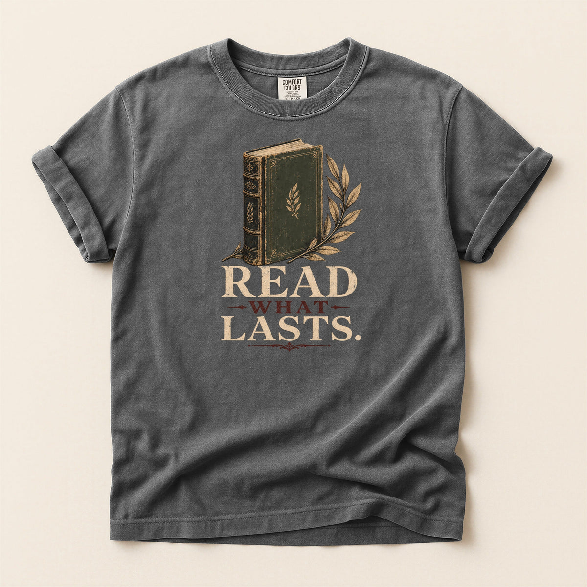 Shelf Love Studio Read What Lasts t-shirt in Pepper, flat
