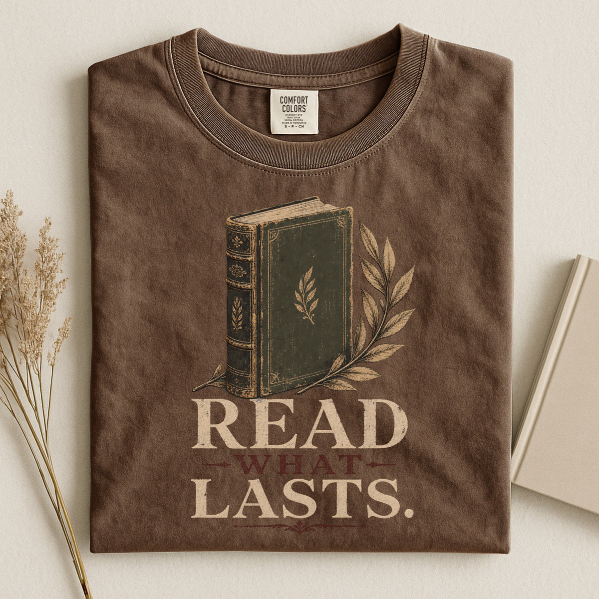 Shelf Love Studio Read What Lasts t-shirt in Espresso, styled flat lay