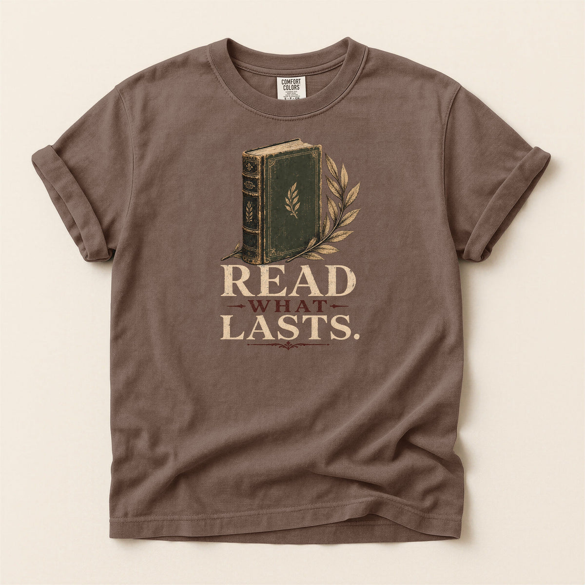Shelf Love Studio Read What Lasts t-shirt in Espresso, flat
